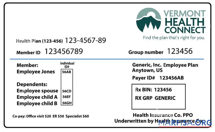 Realistic Vermont health insurance card real example